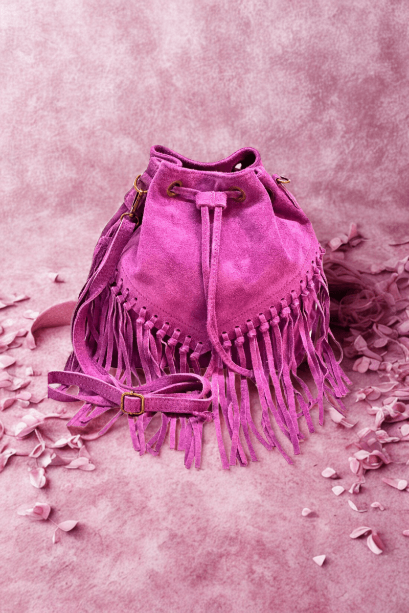 Borsa Tracolla in vera Pelle "Lucrezia" - Morbido Camoscio con frange - Colore Fucsia - YULUBAGS