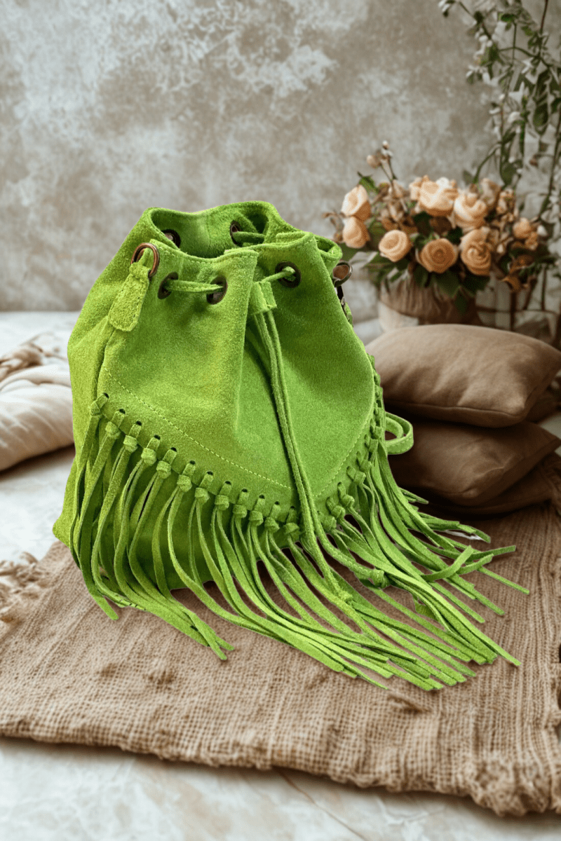 Borsa Tracolla in vera Pelle "Lucrezia" - Morbido Camoscio con frange - Colore Verde - YULUBAGS
