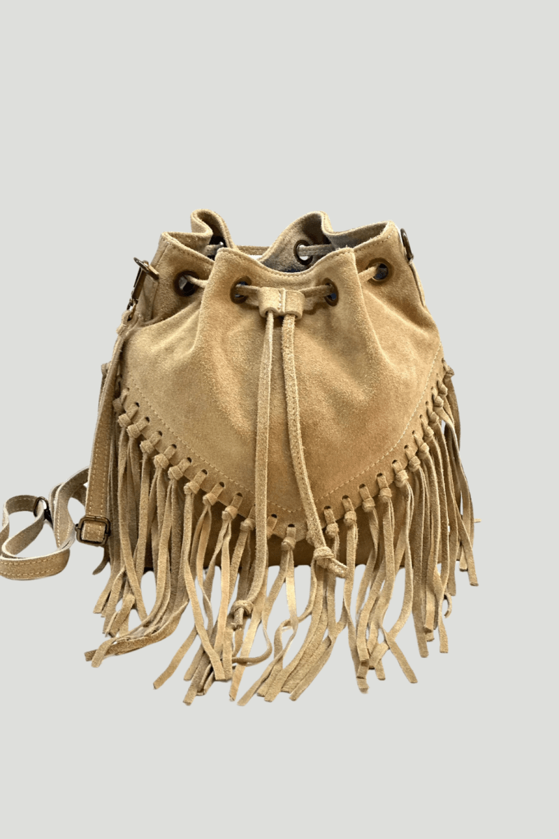 Borsa Tracolla in vera Pelle "Lucrezia" - Morbido Camoscio con frange - Colore Beige - YULUBAGS