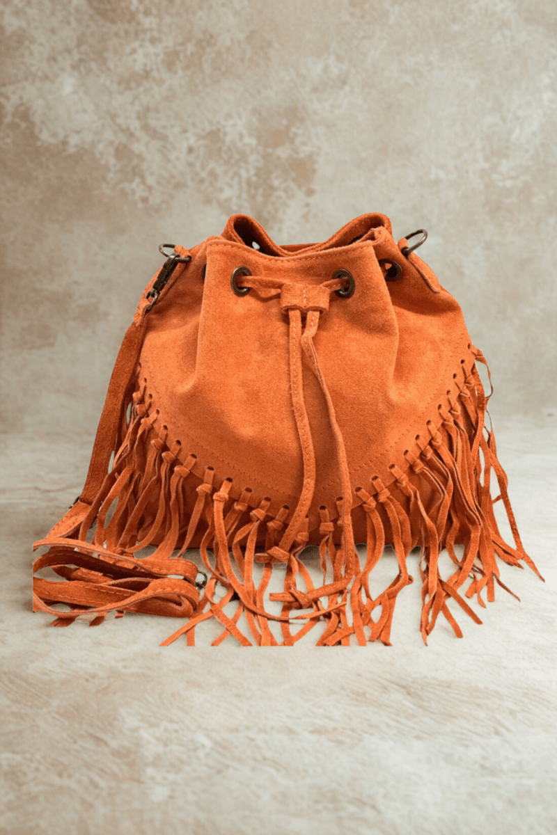 Borsa Tracolla in vera Pelle "Lucrezia" - Morbido Camoscio con frange - Colore Arancione - YULUBAGS
