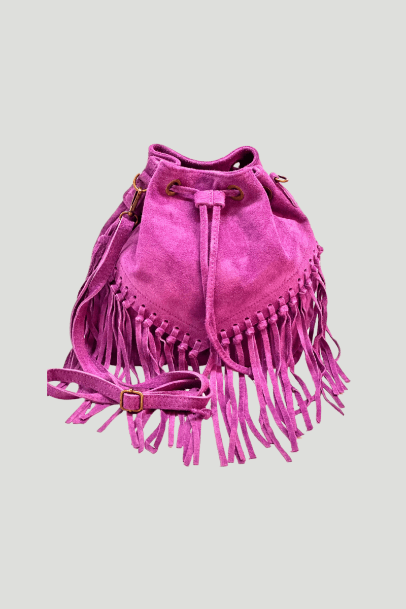 Borsa Tracolla in vera Pelle "Lucrezia" - Morbido Camoscio con frange - Colore Fucsia - YULUBAGS