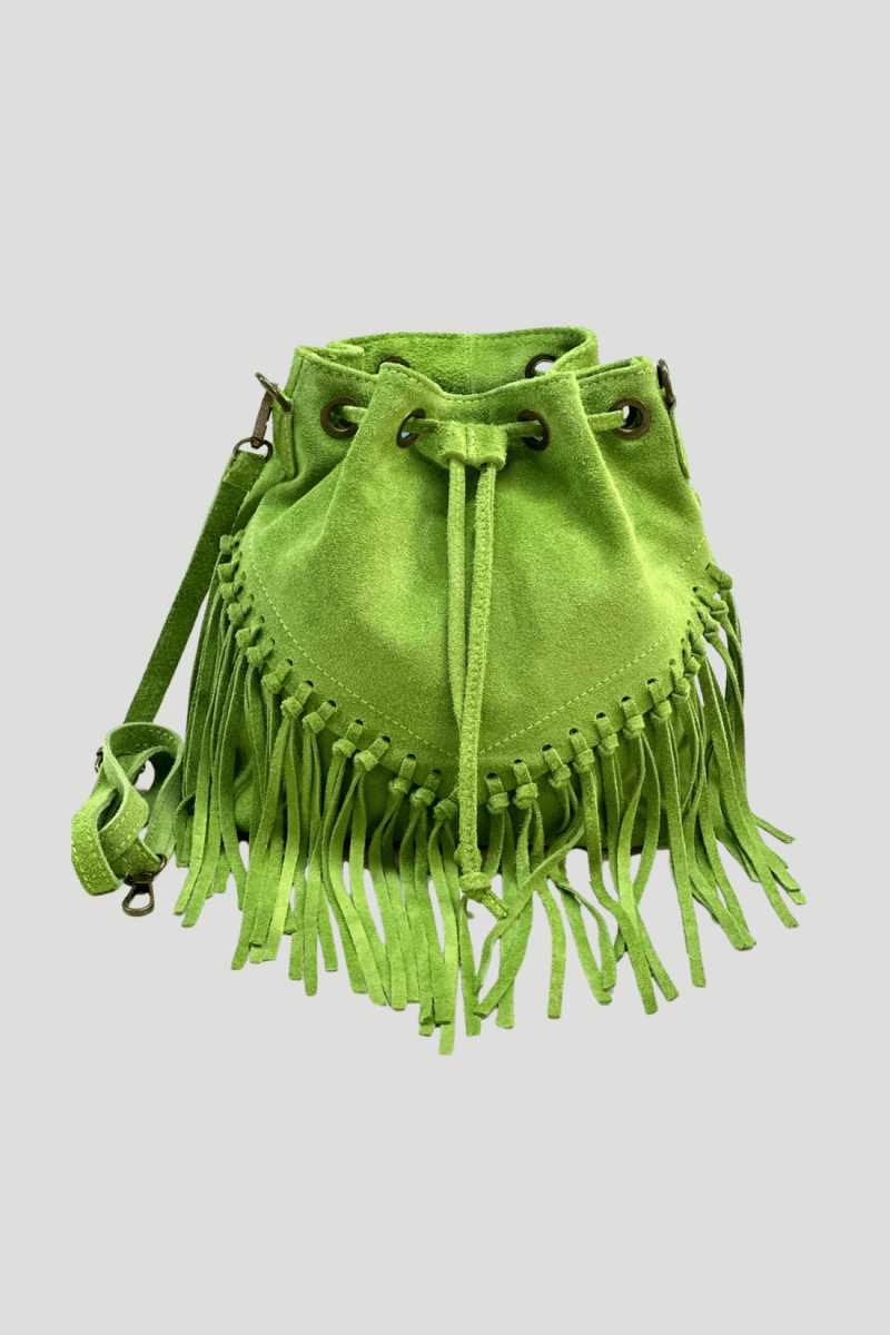Borsa Tracolla in vera Pelle "Lucrezia" - Morbido Camoscio con frange - Colore Verde - YULUBAGS