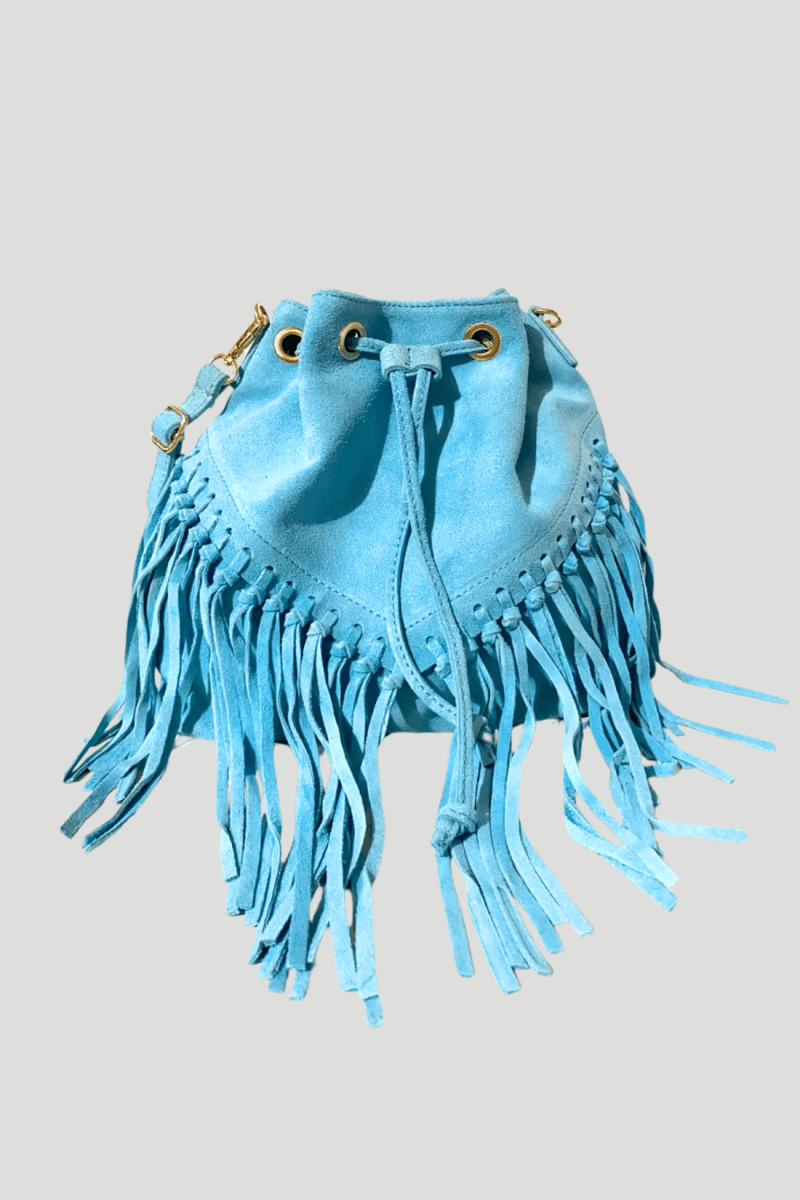 Borsa Tracolla in vera Pelle "Lucrezia" - Morbido Camoscio con frange - Colore Celeste - YULUBAGS