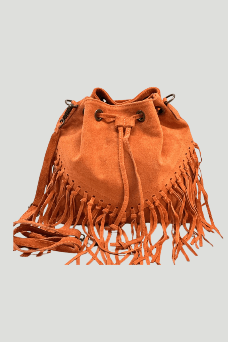 Borsa Tracolla in vera Pelle "Lucrezia" - Morbido Camoscio con frange - Colore Arancione - YULUBAGS