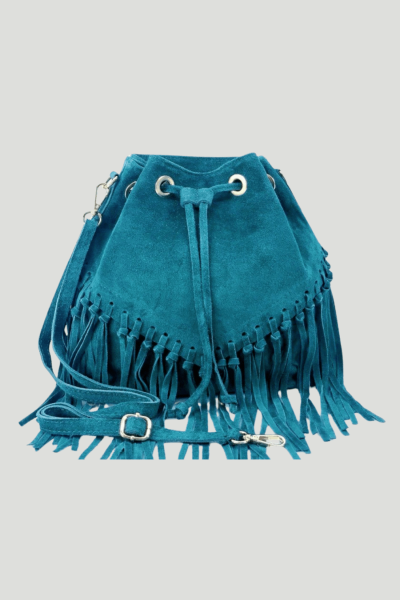 Borsa Tracolla in vera Pelle "Lucrezia" - Morbido Camoscio con frange - Colore Ottanio - YULUBAGS