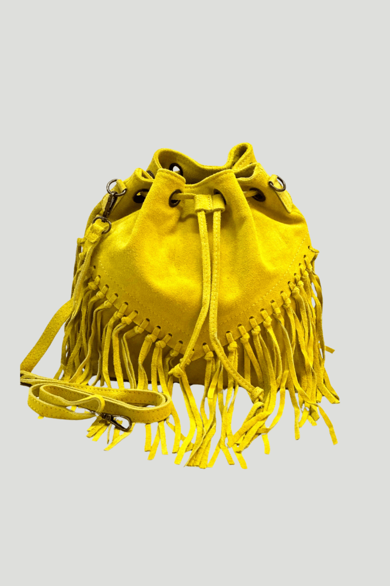 Borsa Tracolla in vera Pelle "Lucrezia" - Morbido Camoscio con frange - Colore Giallo - YULUBAGS