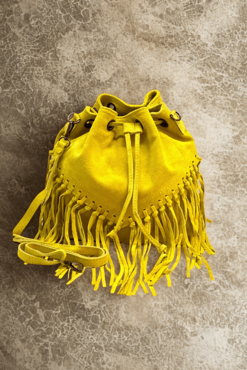 Borsa Tracolla in vera Pelle "Lucrezia" - Morbido Camoscio con frange - Colore Giallo - YULUBAGS