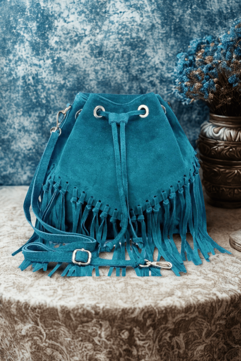 Borsa Tracolla in vera Pelle "Lucrezia" - Morbido Camoscio con frange - Colore Ottanio - YULUBAGS