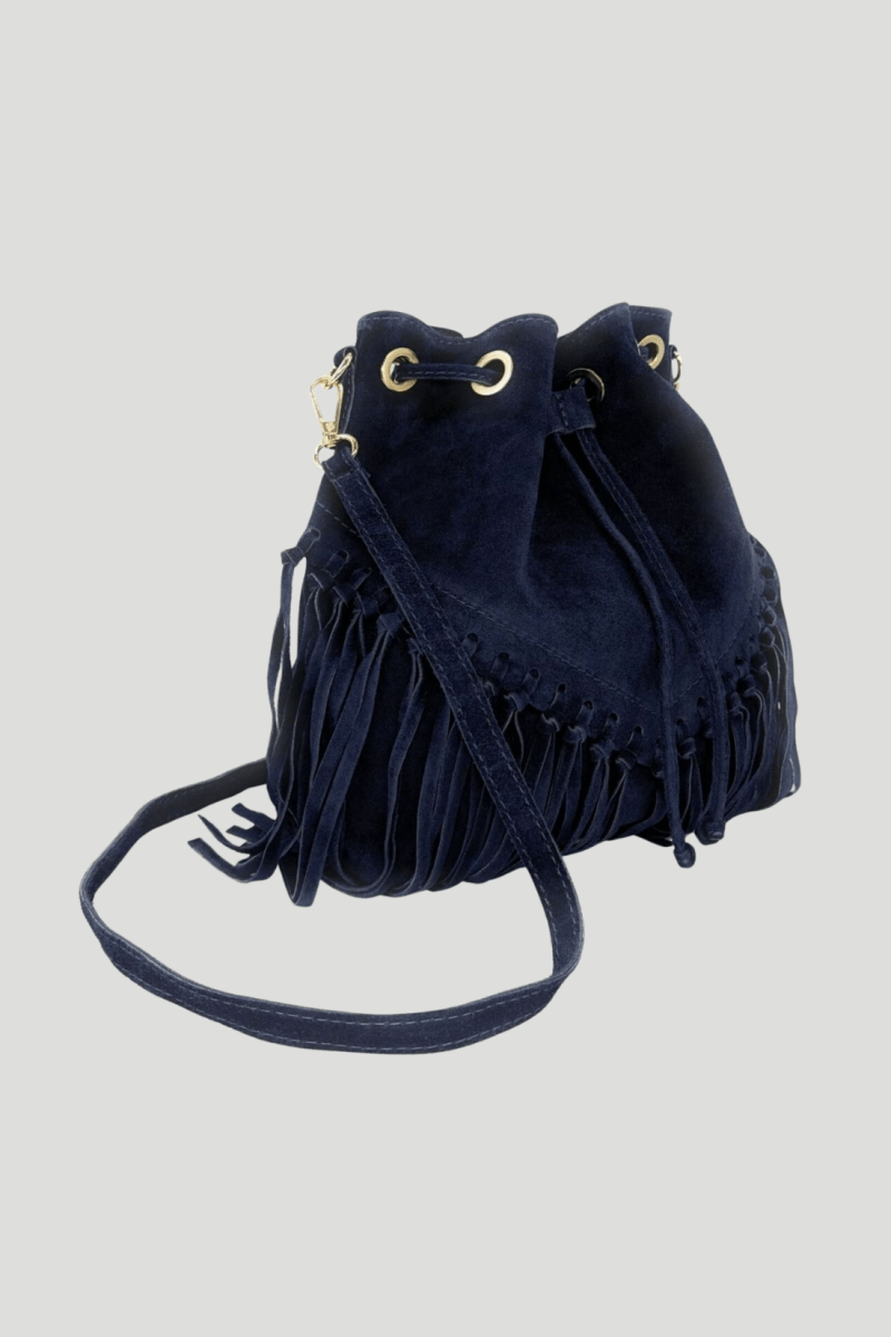 Borsa Tracolla in vera Pelle "Lucrezia" - Morbido Camoscio con frange - Colore Blu Notte - YULUBAGS