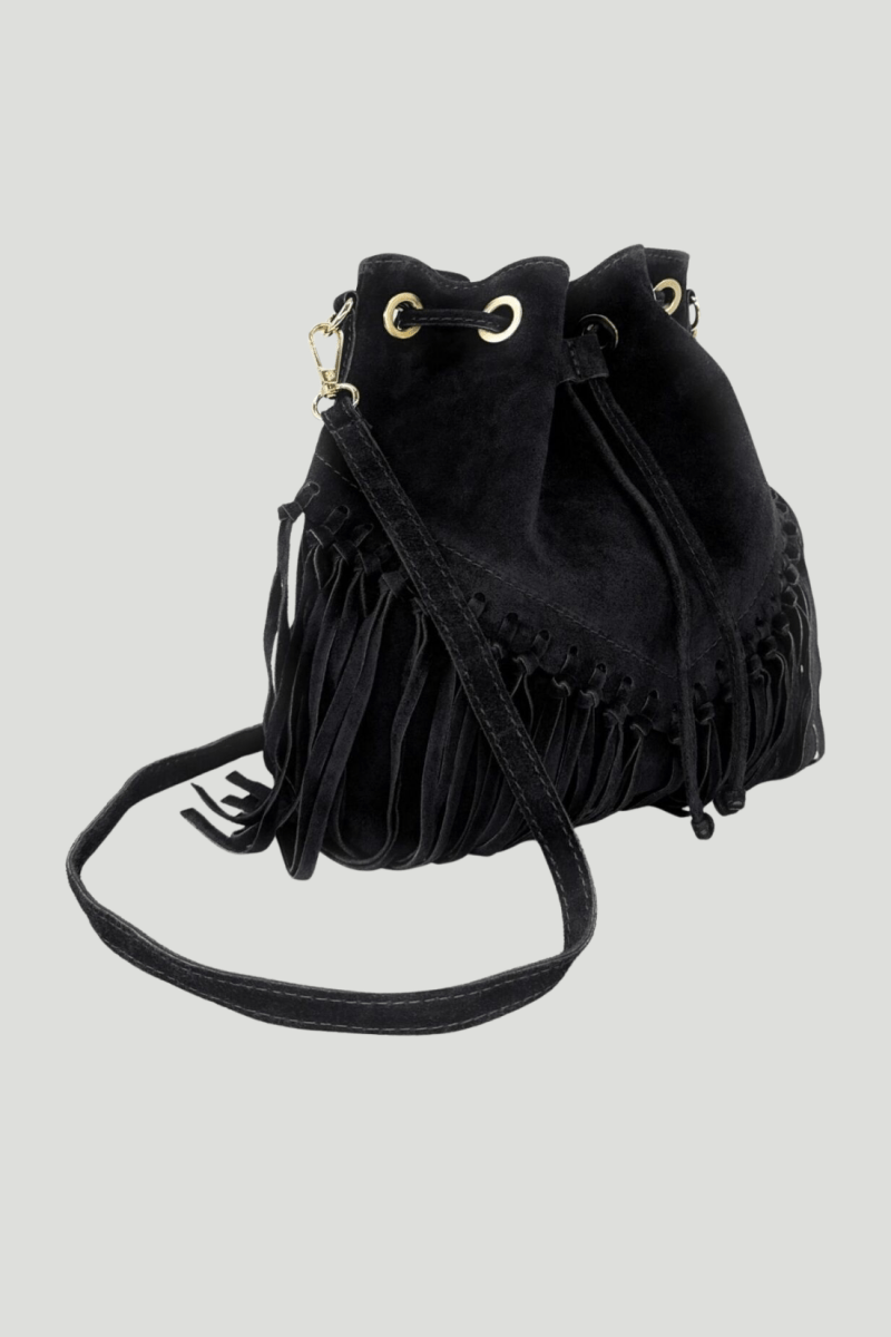 Borsa Tracolla in vera Pelle "Lucrezia" - Morbido Camoscio con frange - Colore Nero - YULUBAGS