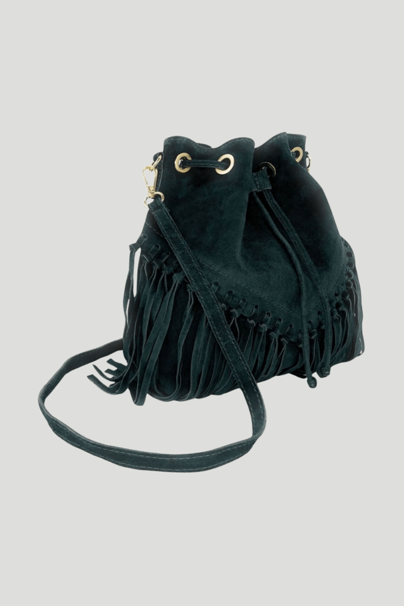 Borsa Tracolla in vera Pelle "Lucrezia" - Morbido Camoscio con frange - Colore Verde Bosco - YULUBAGS