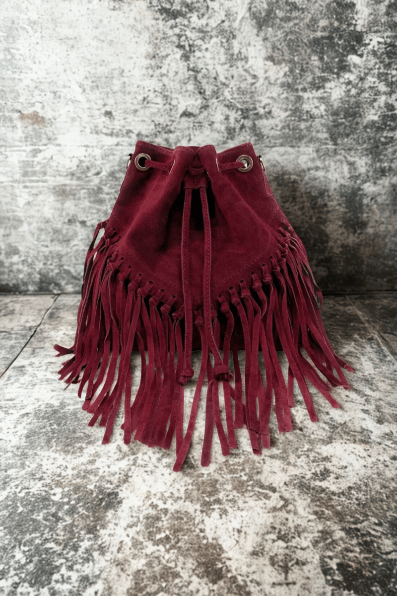 Borsa Tracolla in vera Pelle "Lucrezia" - Morbido Camoscio con frange - Colore Bordeaux - YULUBAGS