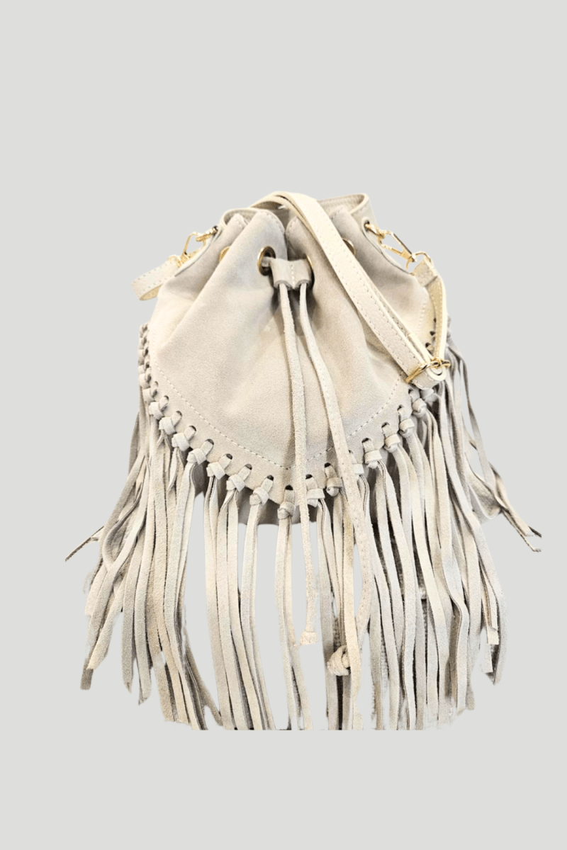 Borsa Tracolla in vera Pelle "Lucrezia" - Morbido Camoscio con frange - Colore Beige Chiaro - YULUBAGS