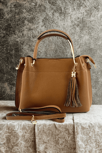 Borsa in vera Pelle "Artemisia" - Elegante manico rigido - Colore Cuoio - YULUBAGS