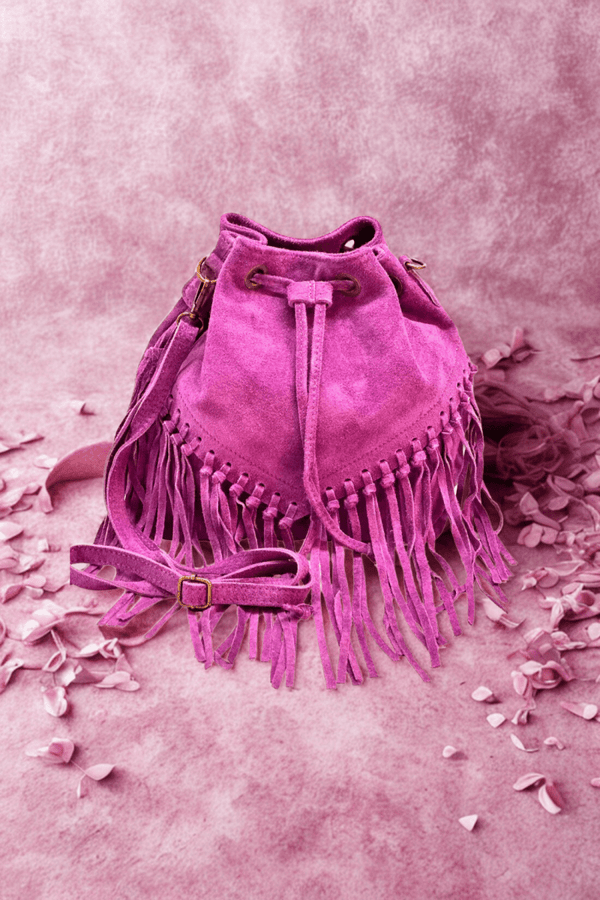 Borsa Tracolla in vera Pelle "Lucrezia" - Morbido Camoscio con frange - Colore Fucsia - YULUBAGS