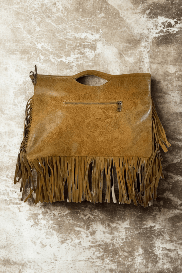 Borsa in vera Pelle "Nebula" - Pelle graffiata con frange - Colore Cuoio - YULUBAGS