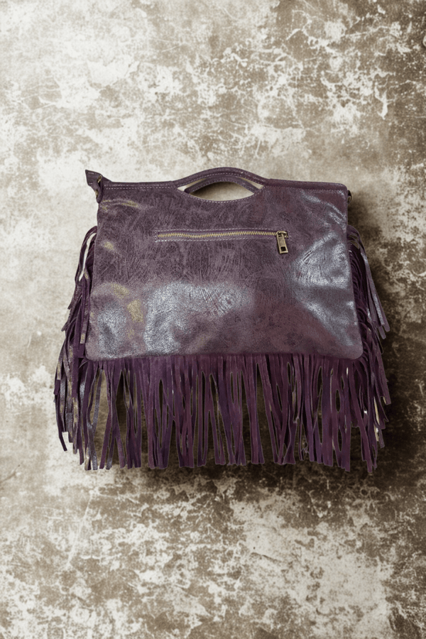 Borsa in vera Pelle "Nebula" - Pelle graffiata con frange - Colore Viola - YULUBAGS