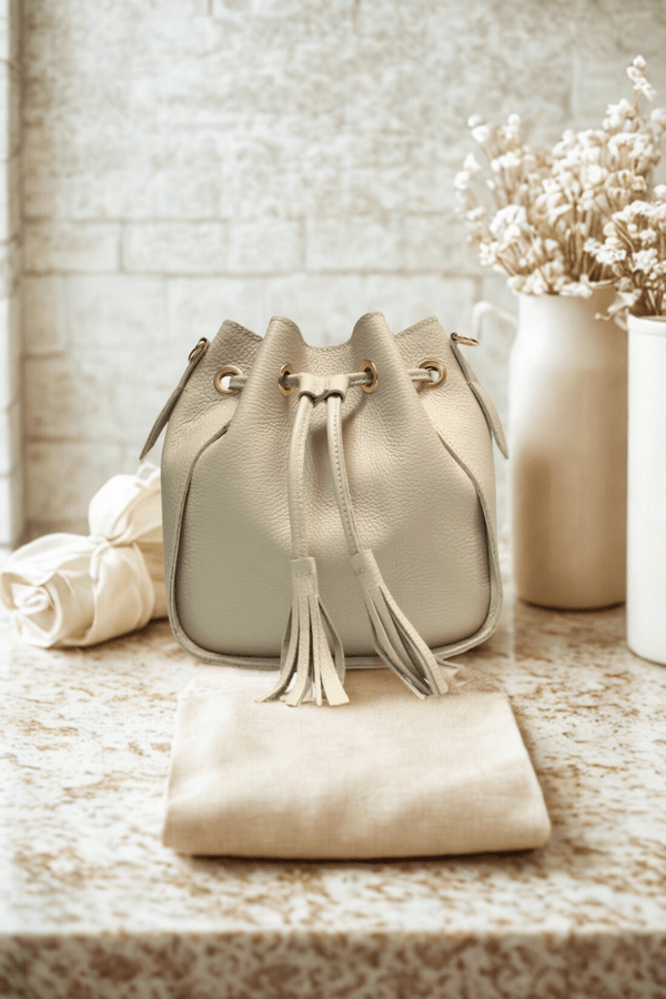 Borsa Secchiello in vera Pelle "Ros" - Pratico elegante - Colore Beige - YULUBAGS