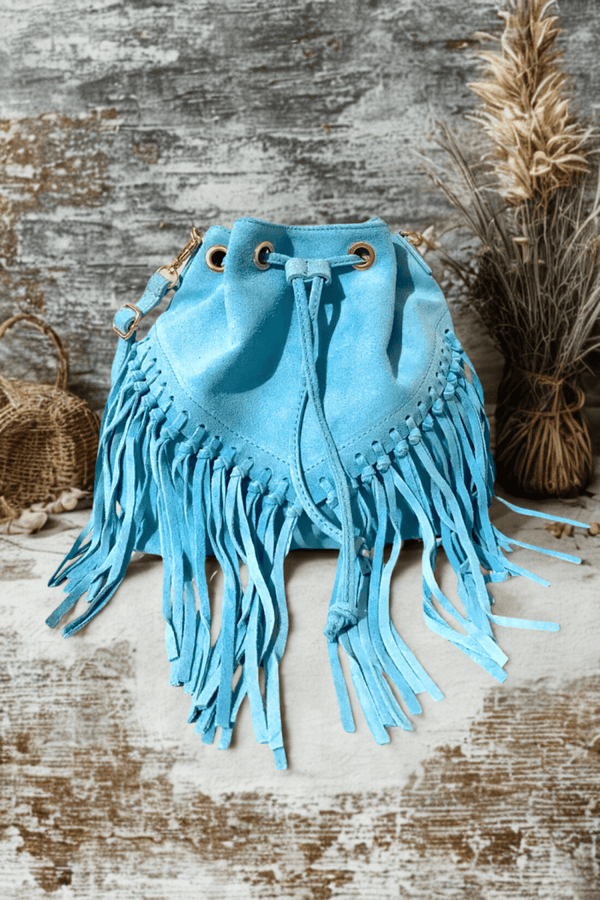 Borsa Tracolla in vera Pelle "Lucrezia" - Morbido Camoscio con frange - Colore Celeste - YULUBAGS