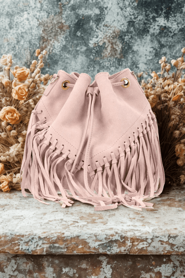 Borsa Tracolla in vera Pelle "Lucrezia" - Morbido Camoscio con frange - Colore Rosa - YULUBAGS