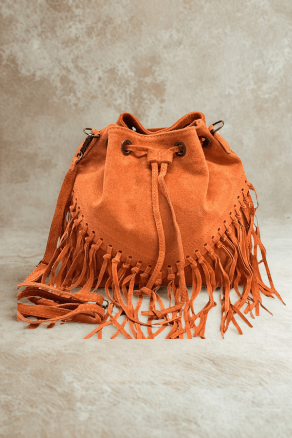 Borsa Tracolla in vera Pelle "Lucrezia" - Morbido Camoscio con frange - Colore Arancione - YULUBAGS