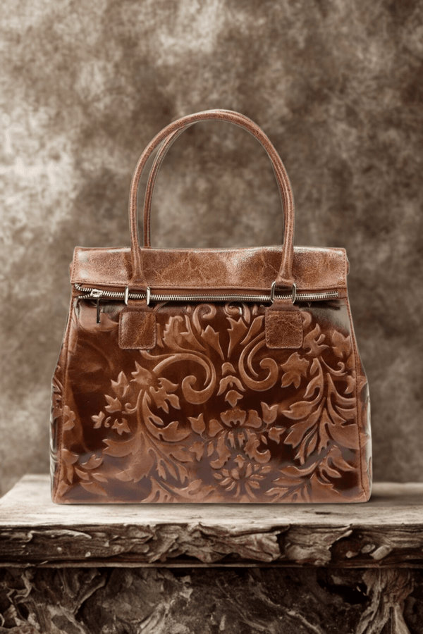 Borsa in vera Pelle "Beatrice" in Vera Pelle con Decorazioni in Rilievo - Colore Cuoio - YULUBAGS