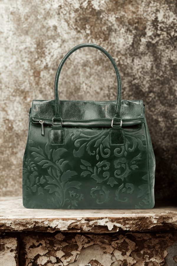 Borsa in vera Pelle "Beatrice" in Vera Pelle con Decorazioni in Rilievo - Colore Verde Bosco - YULUBAGS