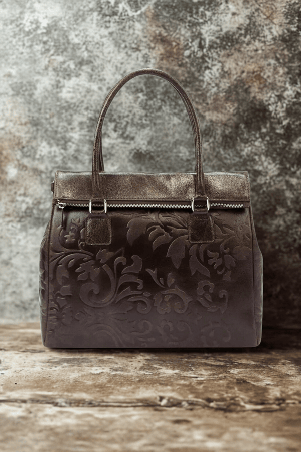 Borsa in vera Pelle "Beatrice" in Vera Pelle con Decorazioni in Rilievo - Colore Testa di Moro - YULUBAGS