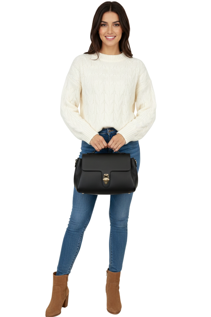 Madame – Borsa Elegante e strutturata in Pelle Martellata – Made in Italy – Nero