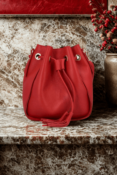Borsa Secchiello in vera Pelle "Ros" - Pratico elegante - Colore Rosso - YULUBAGS