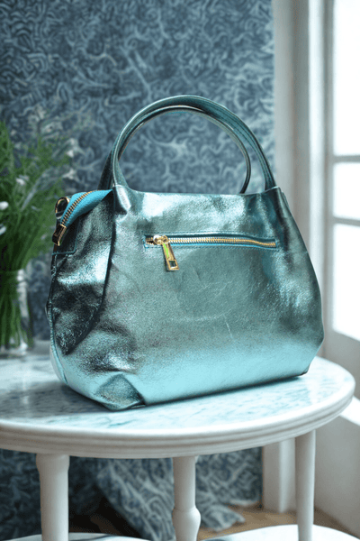 Borsa in vera Pelle "Aurora Metal " - Morbida Pelle Laminata - Colore Celeste Laminato - YULUBAGS