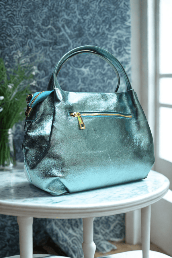 Borsa in vera Pelle "Aurora Metal " - Morbida Pelle Laminata - Colore Celeste Laminato - YULUBAGS