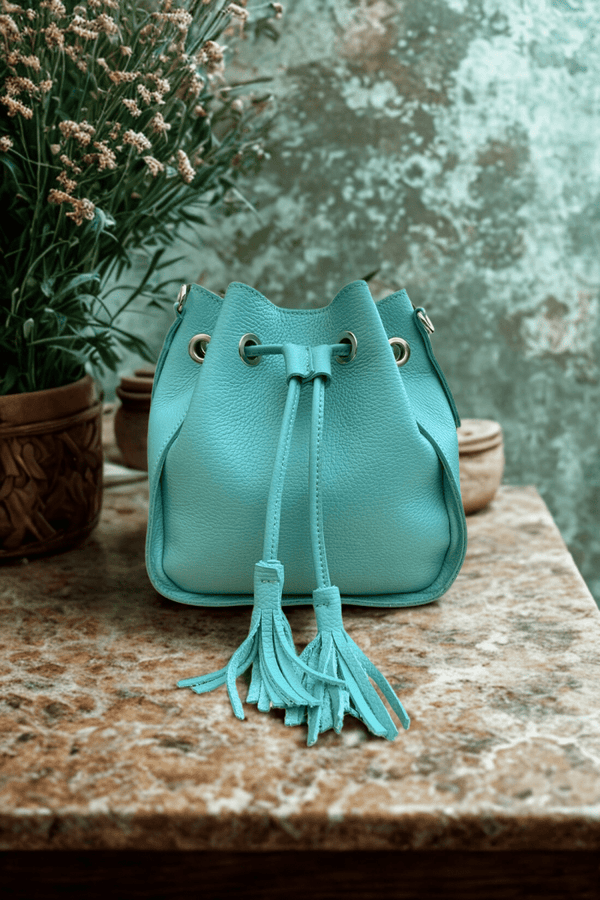 Borsa Secchiello in vera Pelle "Ros" - Pratico elegante - Colore Verde Acqua - YULUBAGS