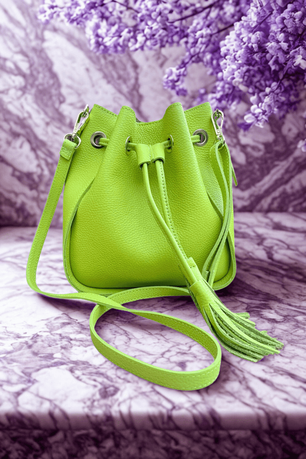 Borsa Secchiello in vera Pelle "Ros" - Pratico elegante - Colore Verde Chiaro - YULUBAGS