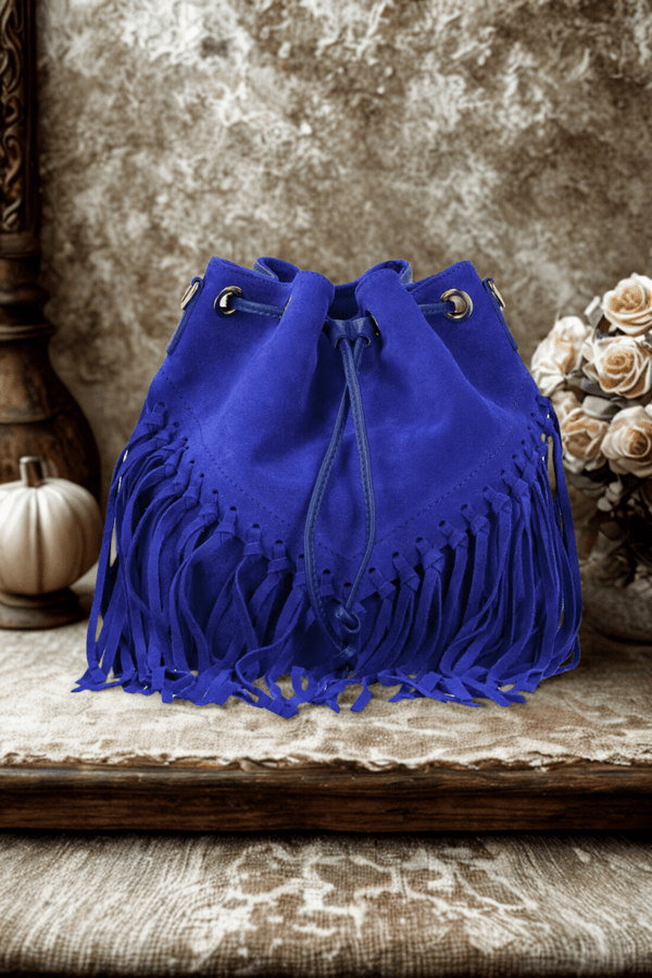Borsa Tracolla in vera Pelle "Lucrezia" - Morbido Camoscio con frange - Colore Blu - YULUBAGS