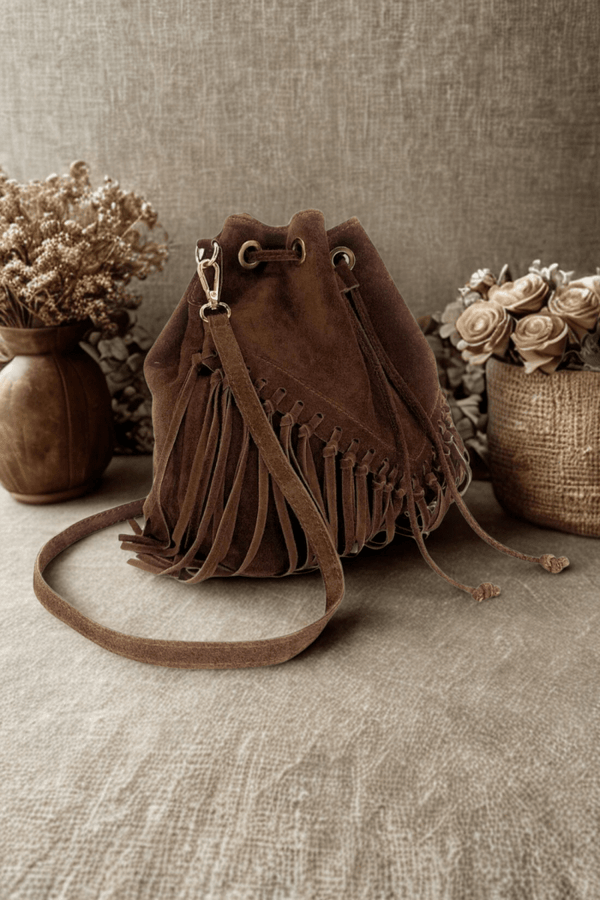 Borsa Tracolla in vera Pelle "Lucrezia" - Morbido Camoscio con frange - Colore Marrone - YULUBAGS