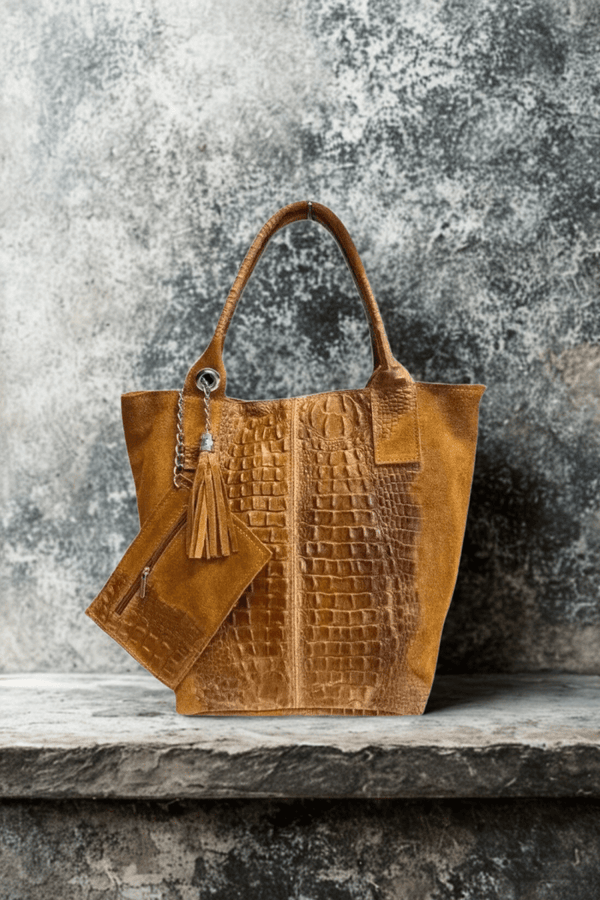 Borsa in vera Pelle "Cigno" - Shopper in camoscio e stampa cocco - Colore Cuoio - YULUBAGS