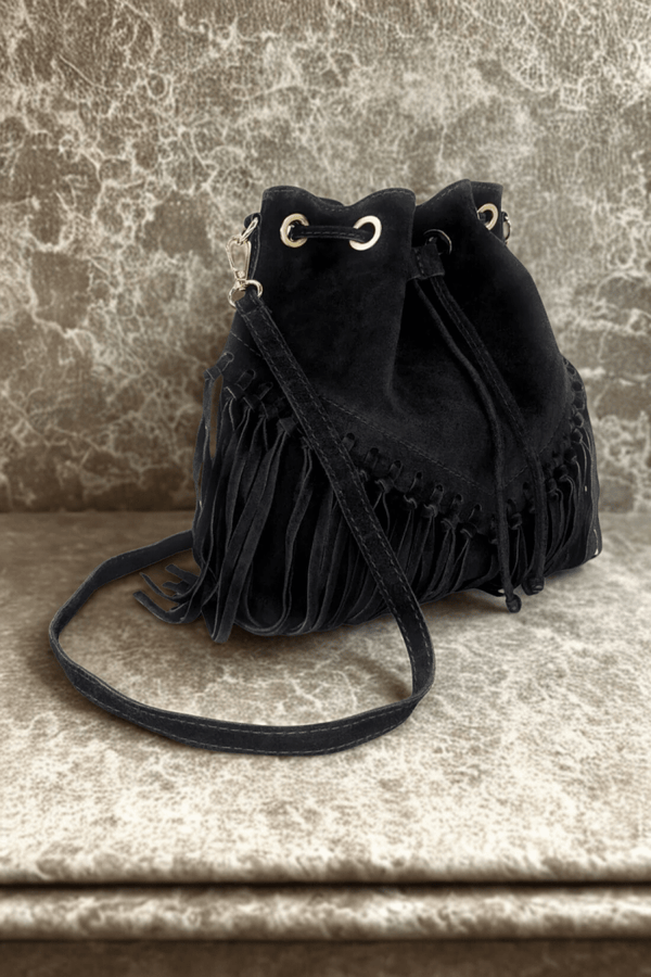 Borsa Tracolla in vera Pelle "Lucrezia" - Morbido Camoscio con frange - Colore Nero - YULUBAGS