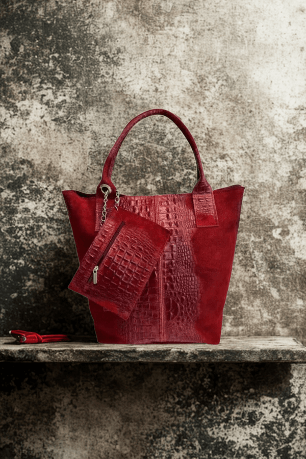 Borsa in vera Pelle "Cigno" - Shopper in camoscio e stampa cocco - Colore Rosso - YULUBAGS