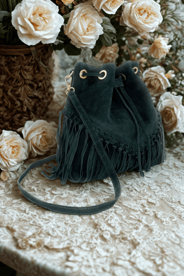 Borsa Tracolla in vera Pelle "Lucrezia" - Morbido Camoscio con frange - Colore Verde Bosco - YULUBAGS