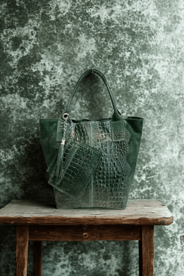Borsa in vera Pelle "Cigno" - Shopper in camoscio e stampa cocco - Colore Verde - YULUBAGS