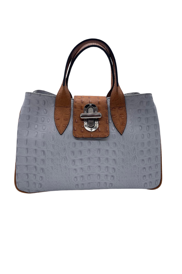 Melody - Vera Pelle Stampa Cocco – Bicolore Cuoio e Grigio Ghiaccio