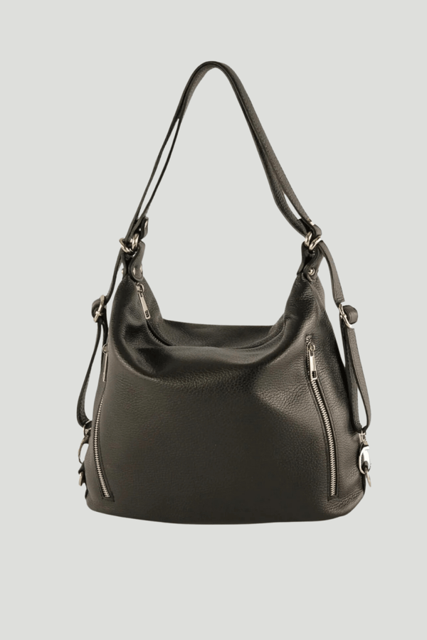 Borsa Zaino in vera Pelle 2 in 1 "Caterina" - Morbida pelle indossabile a spalla o zaino - Colore Nero - YULUBAGS