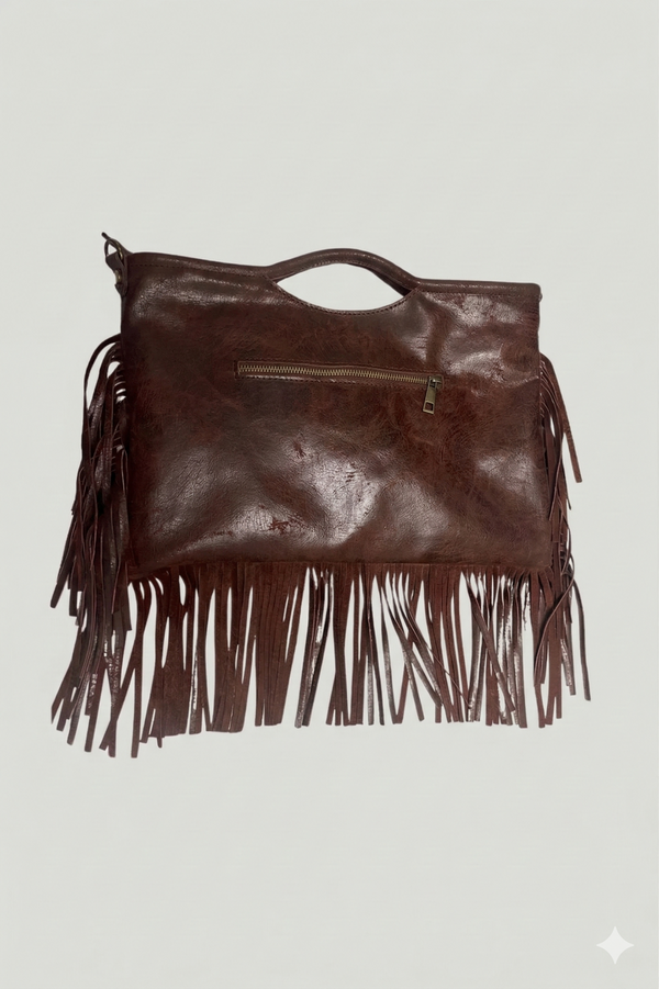 Borsa in vera Pelle "Nebula" - Pelle graffiata con frange - Colore Testa Moro