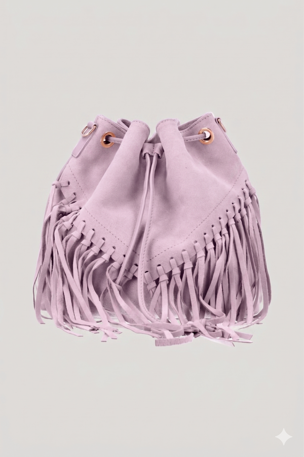 Borsa Tracolla in vera Pelle "Lucrezia" - Morbido Camoscio con frange - Colore lilla