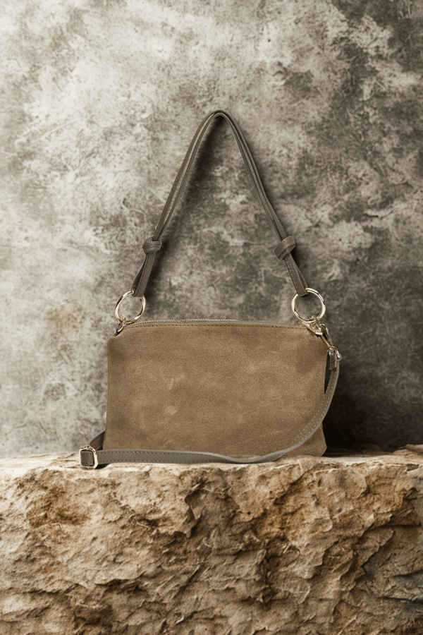 Mini Nives – Pochette Donna in Pelle Scamosciata / Suede Italiana – Made in Italy – Taupe - YULUBAGS
