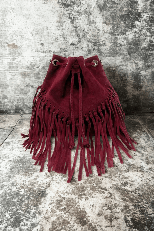 Borsa Tracolla in vera Pelle "Lucrezia" - Morbido Camoscio con frange - Colore Bordeaux - YULUBAGS