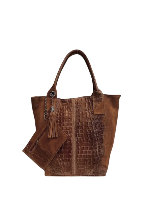 Borsa in vera Pelle "Cigno" - Shopper in camoscio e stampa cocco - Colore Cuoio S