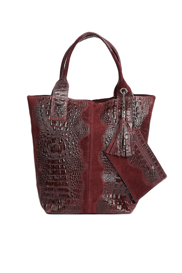 Borsa in vera Pelle "Cigno" - Shopper in camoscio e stampa cocco - Colore Bourdeaux