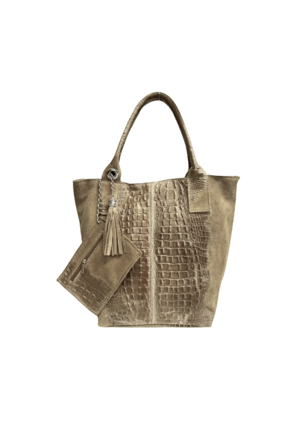 Borsa in vera Pelle "Cigno" - Shopper in camoscio e stampa cocco - Colore Fango